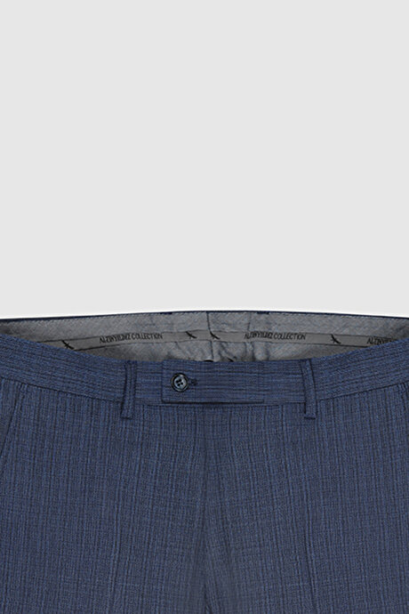 Yünlü Ekstra Slim Fit Dar Kesim Mono Yaka Desenli Yelekli Lacivert-Mavi Yelekli Takım Elbise resmi