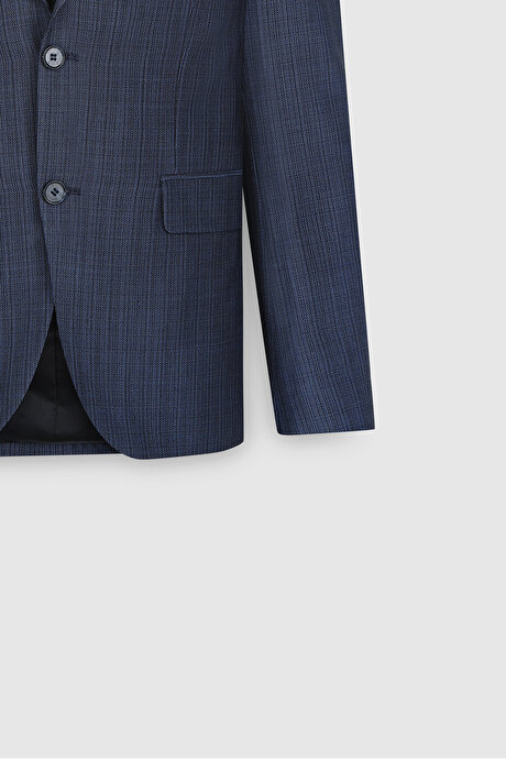 Yünlü Ekstra Slim Fit Dar Kesim Mono Yaka Desenli Yelekli Lacivert-Mavi Yelekli Takım Elbise resmi