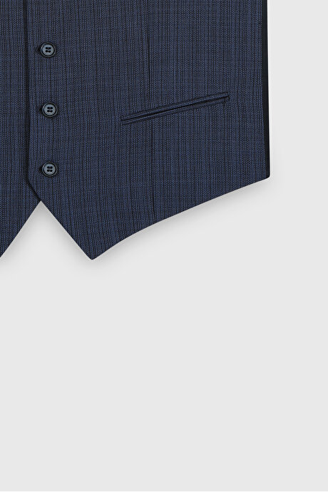 Yünlü Ekstra Slim Fit Dar Kesim Mono Yaka Desenli Yelekli Lacivert-Mavi Yelekli Takım Elbise resmi
