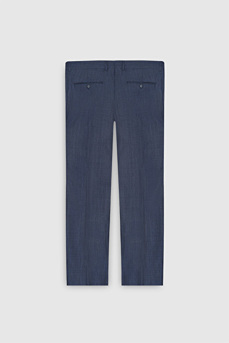 Yünlü Ekstra Slim Fit Dar Kesim Mono Yaka Desenli Yelekli Lacivert-Mavi Yelekli Takım Elbise resmi