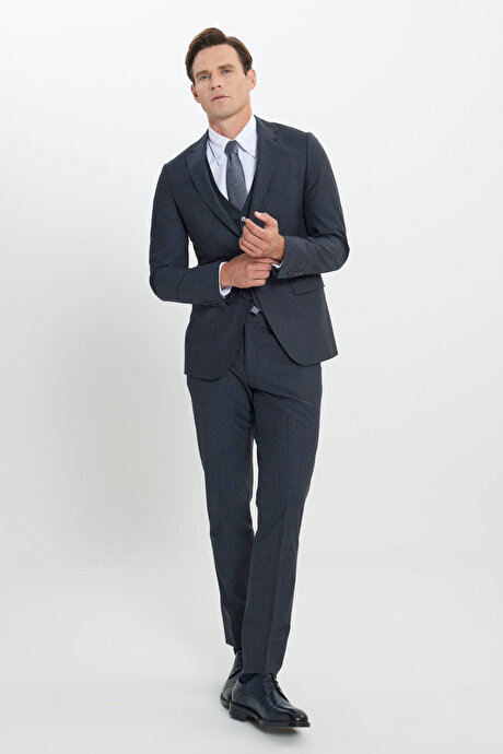 Yünlü Slim Fit Dar Kesim Mono Yaka Desenli Yelekli Füme Yelekli Takım Elbise resmi