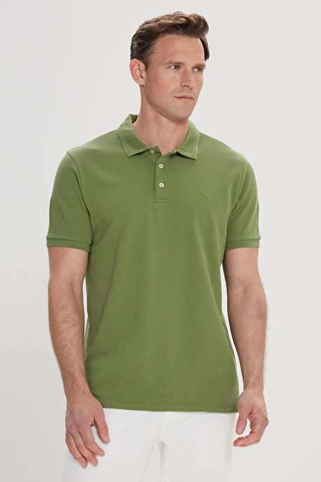 Slim Fit Dar Kesim Polo Yaka %100 Pamuk Yeşil Tişört resmi