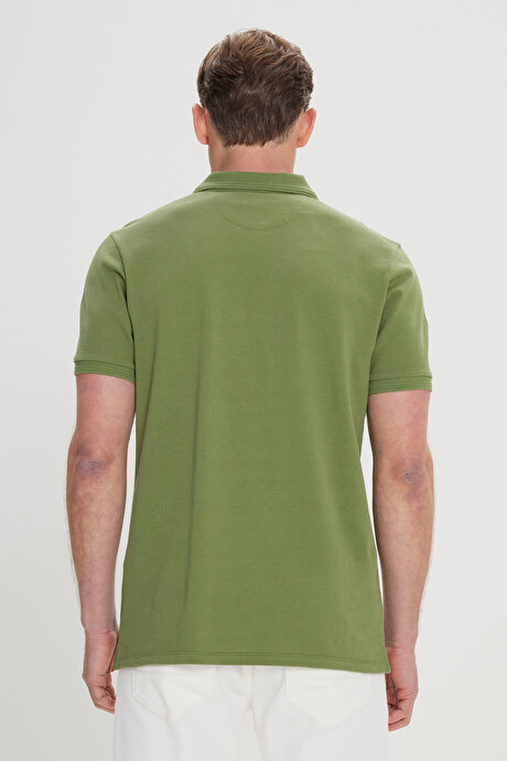 Slim Fit Dar Kesim Polo Yaka %100 Pamuk Yeşil Tişört resmi