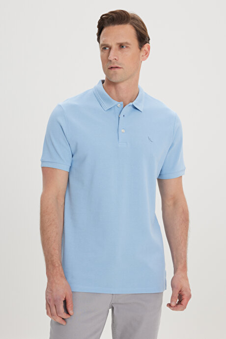 Slim Fit Dar Kesim Polo Yaka %100 Pamuk Açık Mavi Tişört resmi