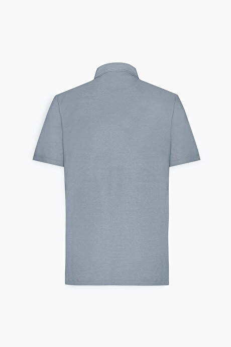 Comfort Fit Rahat Kesim Polo Yaka Pamuklu Kısa Kollu Mavi Tişört resmi
