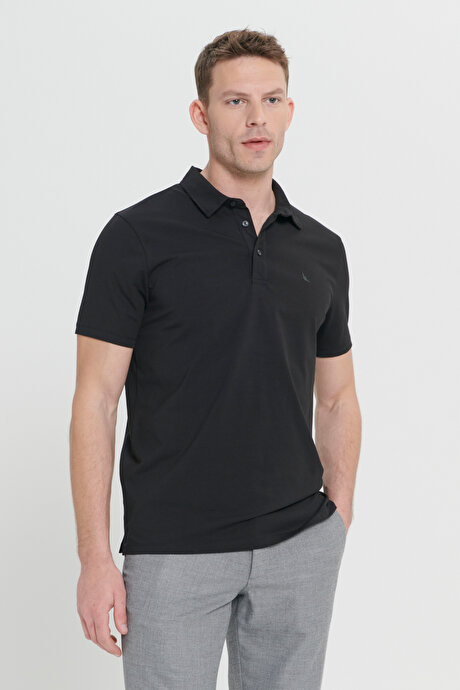 Slim Fit Dar Kesim Polo Yaka Pamuklu Siyah Tişört resmi