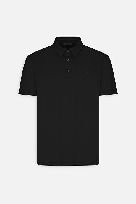 Slim Fit Dar Kesim Polo Yaka Pamuklu Siyah Tişört resmi