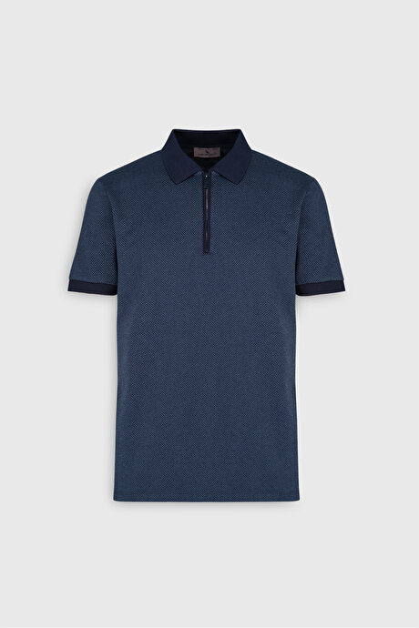 Slim Fit Dar Kesim Polo Yaka Jakarlı Lacivert Tişört resmi