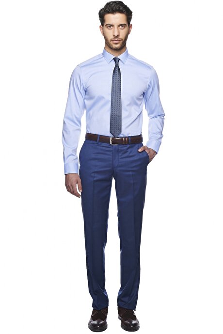 Tailored Slim Fit Non-Iron Desenli Mavi Gömlek resmi