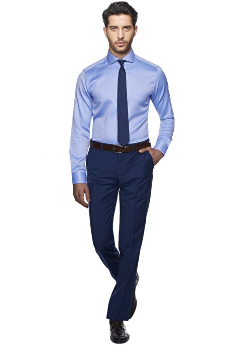 Tailored Slim Fit Non-Iron Desenli A.Mavi-Beyaz Gömlek resmi