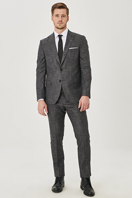 Slim Fit Dar Kesim Kırlangıç Yaka Desenli Antrasit Takım Elbise resmi