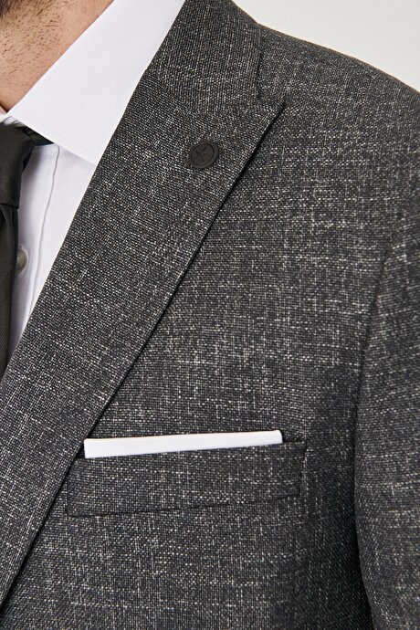 Slim Fit Dar Kesim Kırlangıç Yaka Desenli Antrasit Takım Elbise resmi