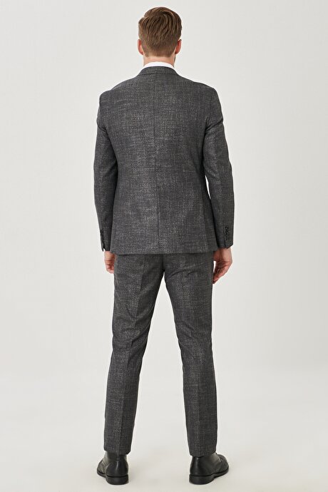 Slim Fit Dar Kesim Kırlangıç Yaka Desenli Antrasit Takım Elbise resmi