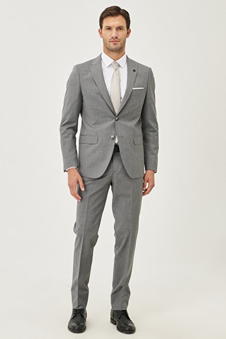 Slim Fit Dar Kesim Kırlangıç Yaka Desenli Gri Takım Elbise resmi