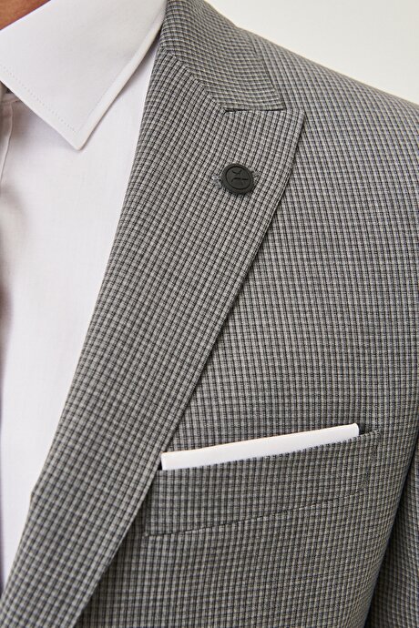 Slim Fit Dar Kesim Kırlangıç Yaka Desenli Gri Takım Elbise resmi