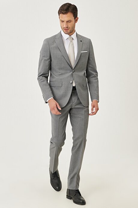 Slim Fit Dar Kesim Kırlangıç Yaka Desenli Gri Takım Elbise resmi