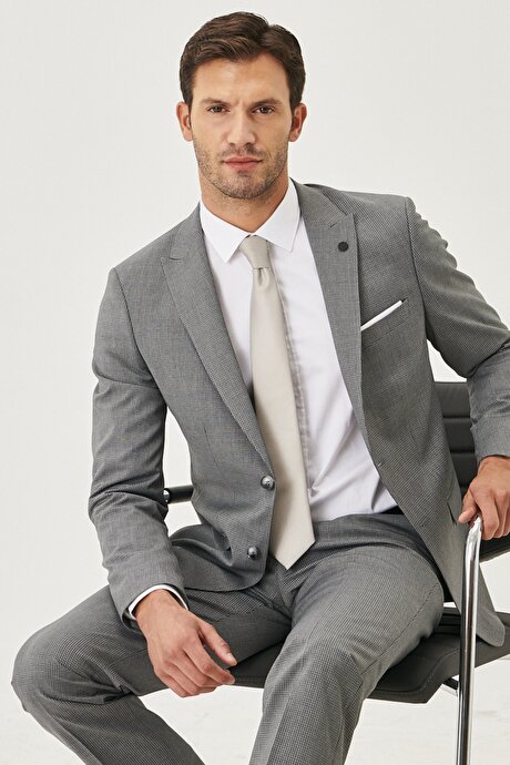 Slim Fit Dar Kesim Kırlangıç Yaka Desenli Gri Takım Elbise resmi