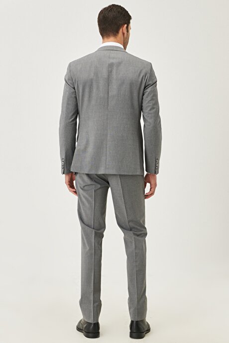 Slim Fit Dar Kesim Kırlangıç Yaka Desenli Gri Takım Elbise resmi