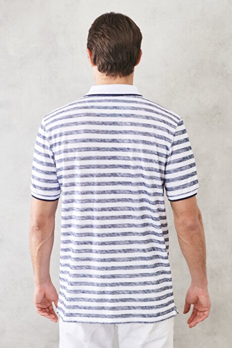 Slim Fit Dar Kesim Polo Yaka Çizgili Beyaz-Lacivert Tişört resmi