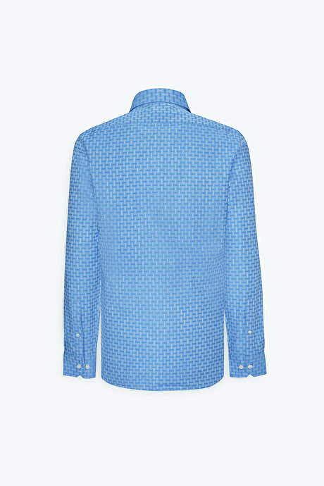 %100 Pamuk Slim Fit Dar Kesim Düğmeli Yaka Armürlü Mavi Gömlek resmi