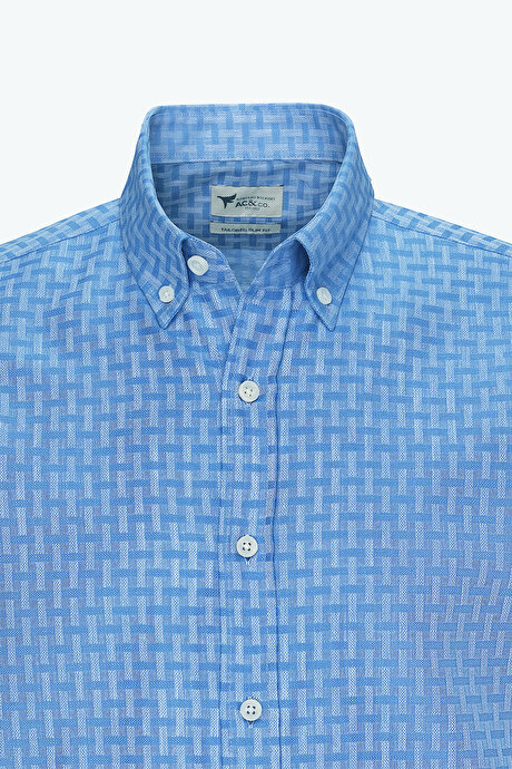 %100 Pamuk Slim Fit Dar Kesim Düğmeli Yaka Armürlü Mavi Gömlek resmi