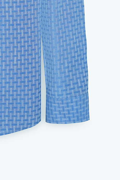 %100 Pamuk Slim Fit Dar Kesim Düğmeli Yaka Armürlü Mavi Gömlek resmi