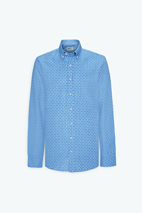 %100 Pamuk Slim Fit Dar Kesim Düğmeli Yaka Armürlü Mavi Gömlek resmi