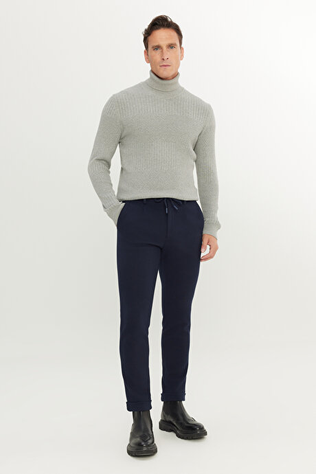 Slim Fit Dar Kesim Beli Bağlamalı Yan Cep Esnek Casual Lacivert Pantolon resmi