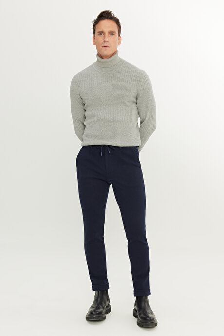 Slim Fit Dar Kesim Beli Bağlamalı Yan Cep Esnek Casual Lacivert Pantolon resmi