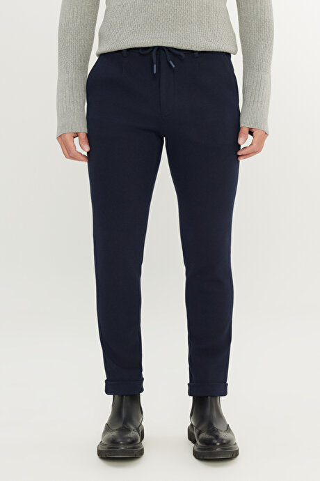 Slim Fit Dar Kesim Beli Bağlamalı Yan Cep Esnek Casual Lacivert Pantolon resmi