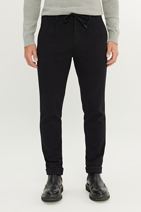 Slim Fit Dar Kesim Beli Bağlamalı Yan Cep Esnek Casual Siyah Pantolon resmi