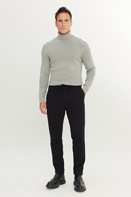 Slim Fit Dar Kesim Beli Bağlamalı Yan Cep Esnek Casual Siyah Pantolon resmi