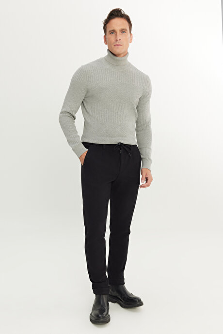 Slim Fit Dar Kesim Beli Bağlamalı Yan Cep Esnek Casual Siyah Pantolon resmi