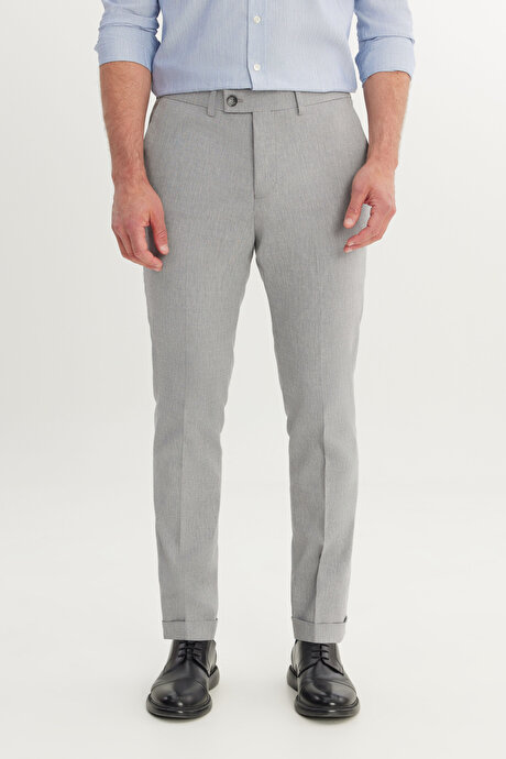 Pamuklu Slim Fit Dar Kesim Yan Cepli Diagonal Desenli Casual Gri Pantolon resmi