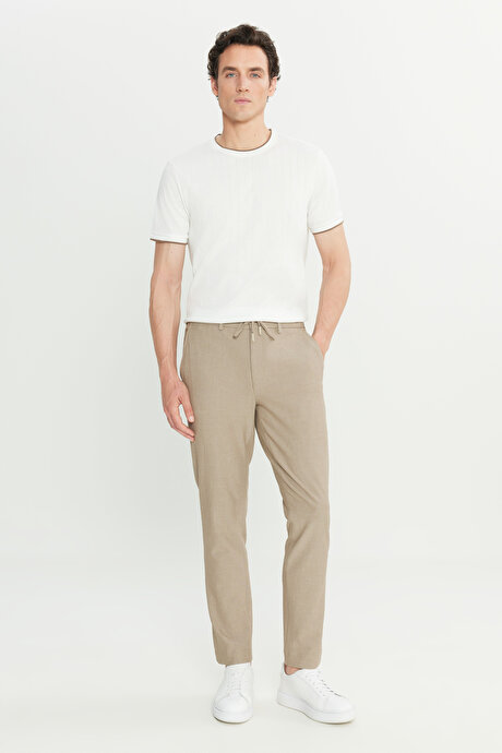Slim Fit Dar Kesim Gofre Desenli Beli Bağlamalı Yan Cepli Travel Casual Bej PantolonACE001252083BEJ