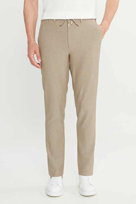 Slim Fit Dar Kesim Gofre Desenli Beli Bağlamalı Yan Cepli Travel Casual Bej PantolonACE001252083BEJ