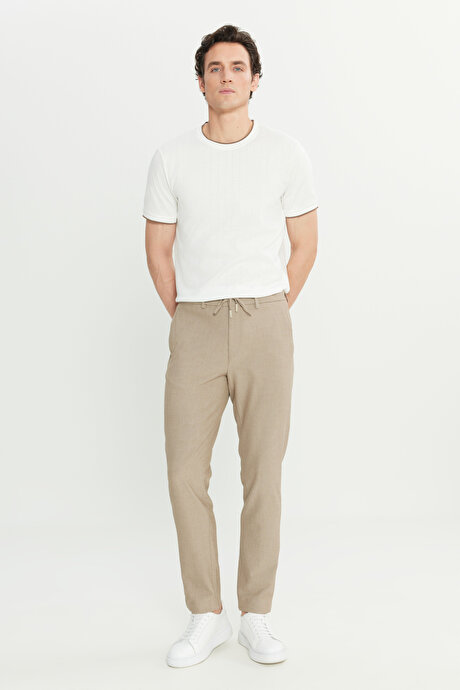 Slim Fit Dar Kesim Gofre Desenli Beli Bağlamalı Yan Cepli Travel Casual Bej PantolonACE001252083BEJ