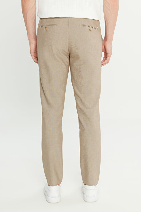 Slim Fit Dar Kesim Gofre Desenli Beli Bağlamalı Yan Cepli Travel Casual Bej Pantolon resmi