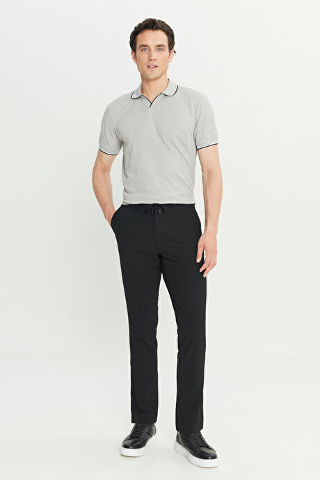 Slim Fit Dar Kesim Gofre Desenli Beli Bağlamalı Yan Cepli Travel Casual Siyah Pantolon resmi