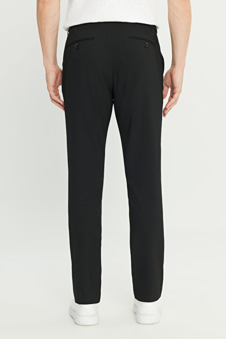 Slim Fit Dar Kesim Gofre Desenli Beli Bağlamalı Yan Cepli Travel Casual Siyah Pantolon resmi