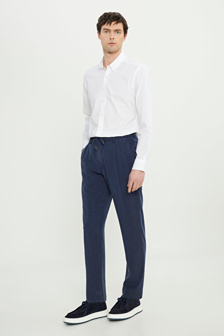 Yumuşak Dokulu Slim Fit Dar Kesim Beli Bağlamalı Yan Cep Lacivert Pantolon resmi