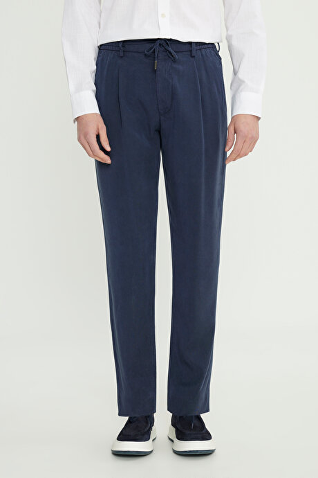 Yumuşak Dokulu Slim Fit Dar Kesim Beli Bağlamalı Yan Cep Lacivert Pantolon resmi
