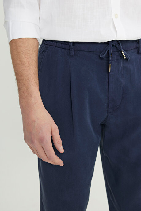 Yumuşak Dokulu Slim Fit Dar Kesim Beli Bağlamalı Yan Cep Lacivert Pantolon resmi