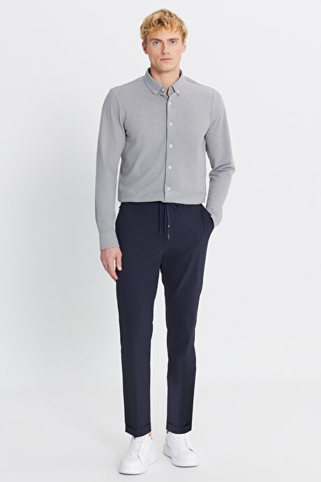 360 Her Yöne Esneyen Slim Fit Dar Kesim Beli Bağlamalı Yan Cep Casual Lacivert Pantolon resmi