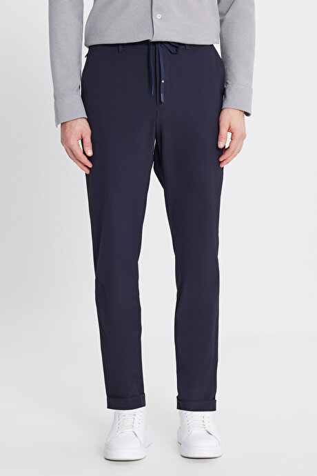 360 Her Yöne Esneyen Slim Fit Dar Kesim Beli Bağlamalı Yan Cep Casual Lacivert Pantolon resmi