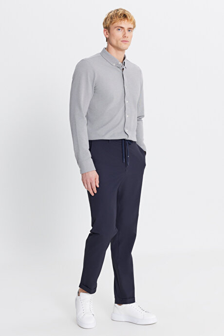 360 Her Yöne Esneyen Slim Fit Dar Kesim Beli Bağlamalı Yan Cep Casual Lacivert Pantolon resmi