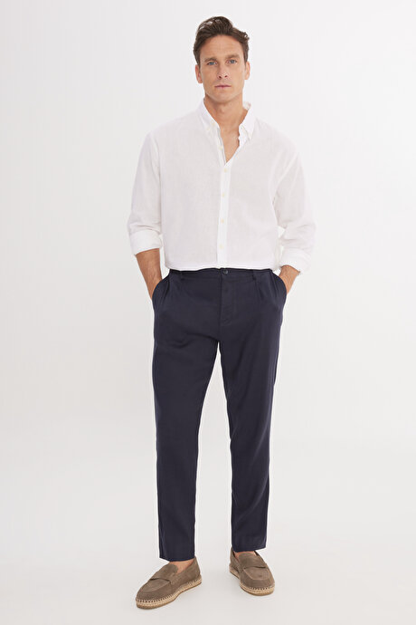 Keten Slim Fit Dar Kesim Beli Lastikli Yan Cepli Esnek Lacivert Pantolon resmi