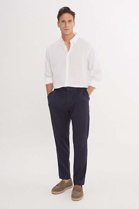 Keten Slim Fit Dar Kesim Beli Lastikli Yan Cepli Esnek Lacivert Pantolon resmi