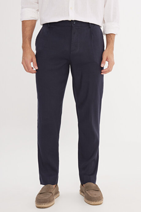 Keten Slim Fit Dar Kesim Beli Lastikli Yan Cepli Esnek Lacivert Pantolon resmi