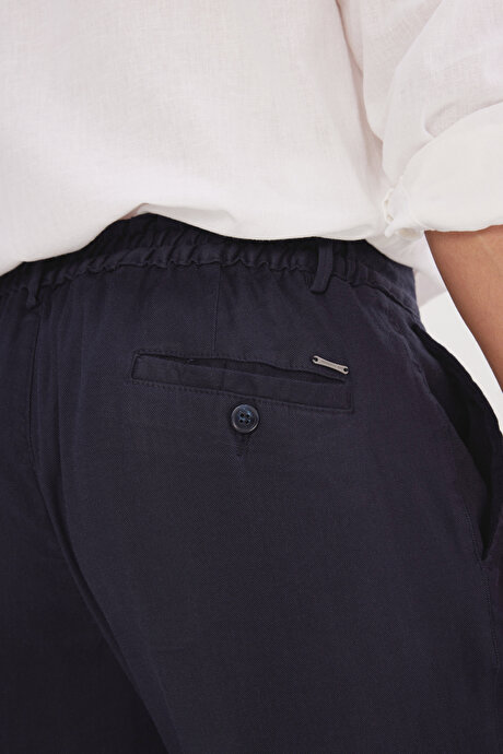 Keten Slim Fit Dar Kesim Beli Lastikli Yan Cepli Esnek Lacivert Pantolon resmi